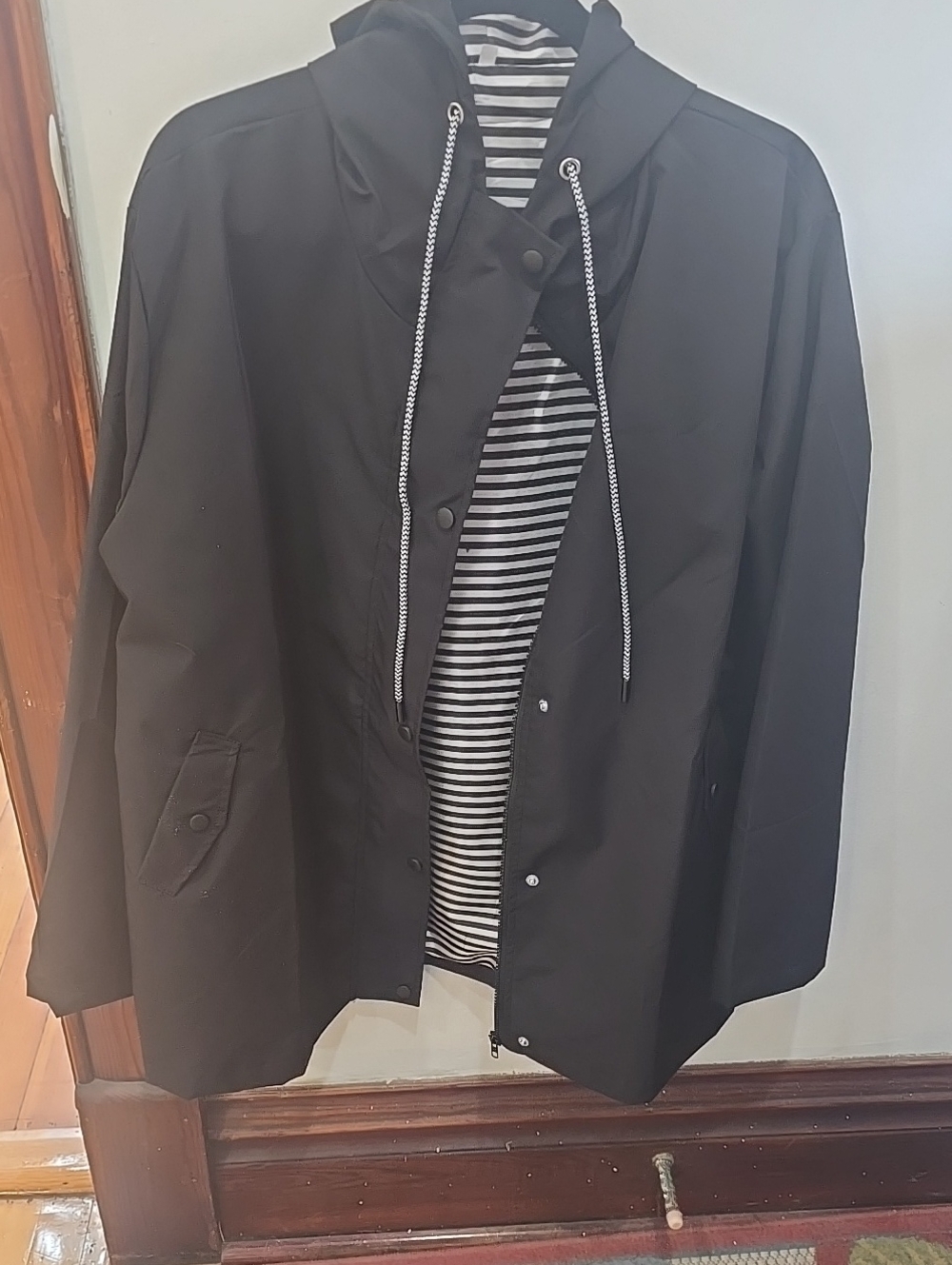 Womens  Black Hooded Raincoat with Striped Lining